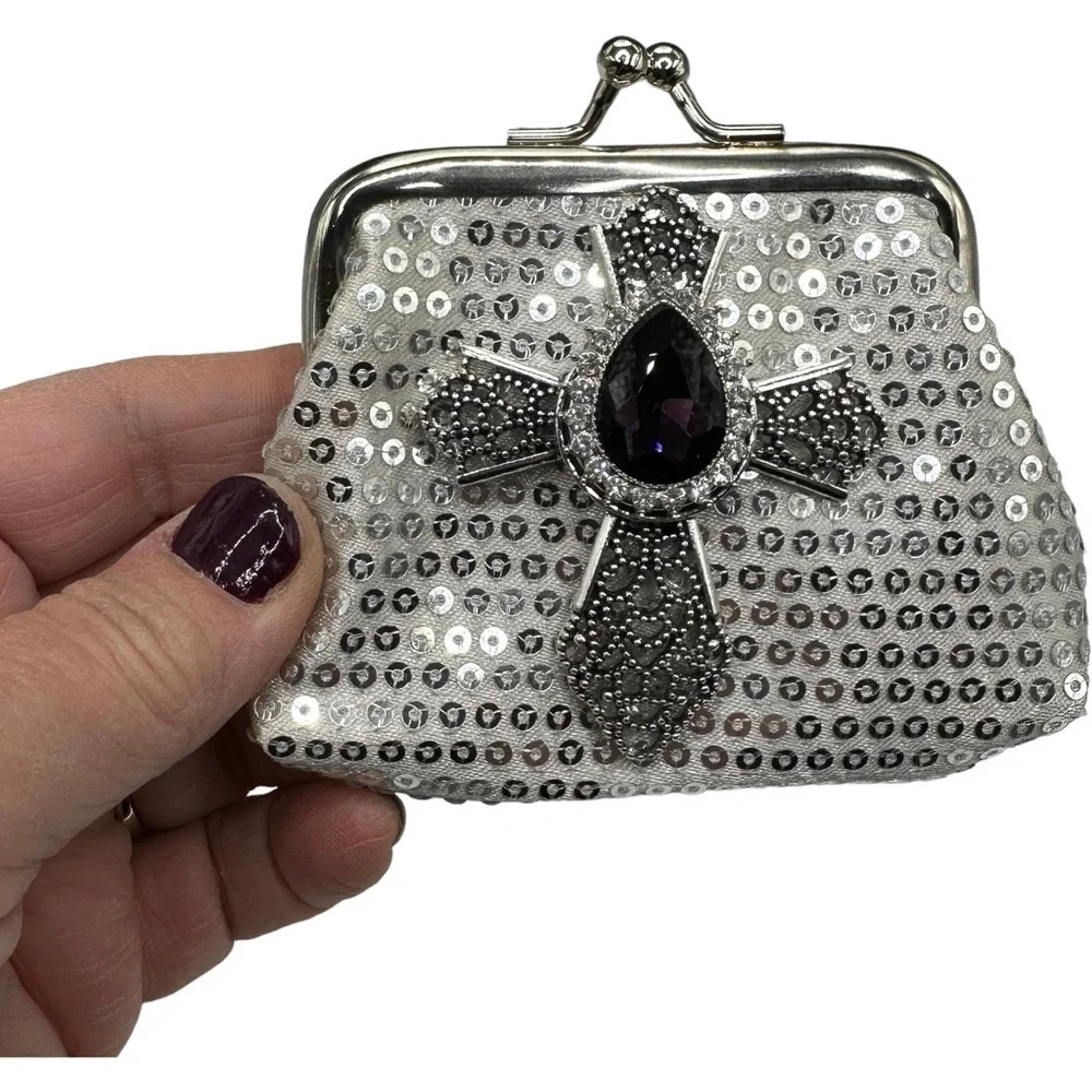 Silver Sequin Coin Micro Purse Silver Cross Purple Sparkling 18m Ginger Snap NWT - Picture 4 of 12